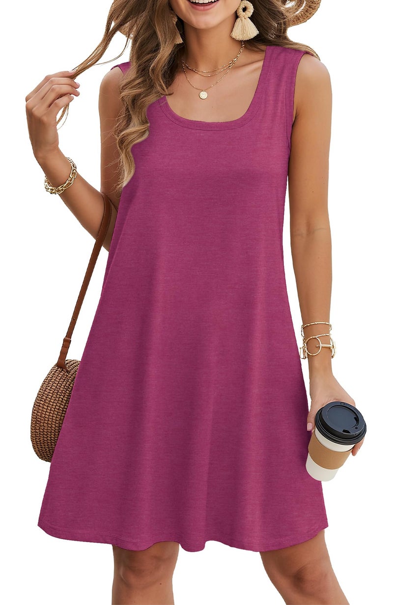elescat Sundresses for Women Casual Loose Summer Dresses Sleeveless U Neck Tank Dress with Pockets (Rose Red, L) - Image 1