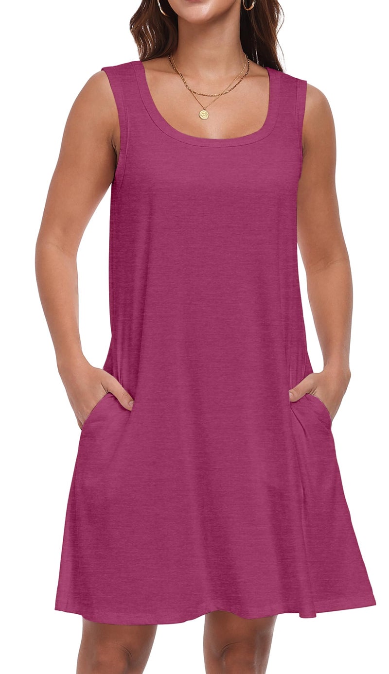 elescat Sundresses for Women Casual Loose Summer Dresses Sleeveless U Neck Tank Dress with Pockets (Rose Red, L) - Image 2