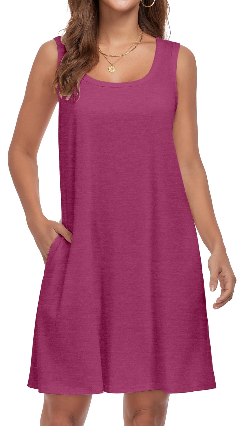 elescat Sundresses for Women Casual Loose Summer Dresses Sleeveless U Neck Tank Dress with Pockets (Rose Red, L) - Image 3