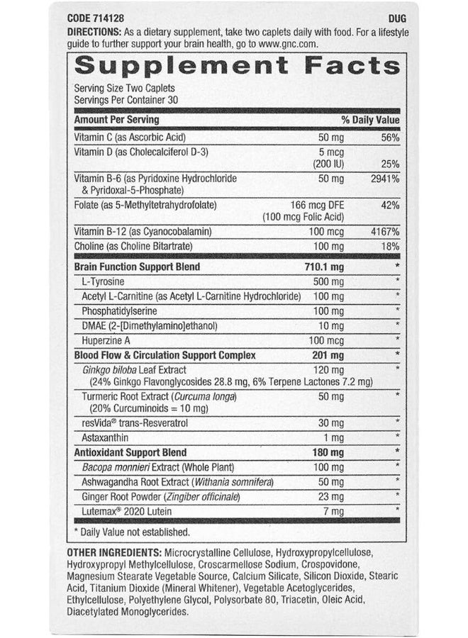 GNC Preventive Nutrition Brain Health Formula, 60 Caplets, Supports Memory Function and Enhances Circulation - Image 2