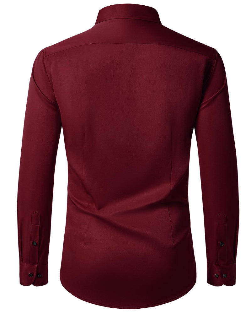 Lusead Burgundy Dress Shirt for Men Wedding Party Stretch Wrinkle Free Christmas Long Sleeve Maroon Button Down Shirt Men - Image 2