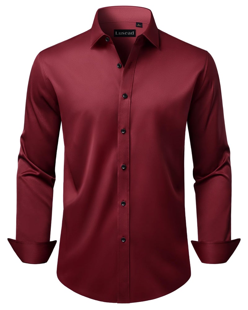 Lusead Burgundy Dress Shirt for Men Wedding Party Stretch Wrinkle Free Christmas Long Sleeve Maroon Button Down Shirt Men - Image 1