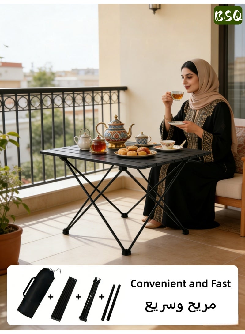 BSQ Lightweight Outdoor Camping Folding Table | Portable Folding Camping Roll-Up Table | Compact Desk | Camping Accessories | Suitable for Outdoor Travel, Hiking, Picnics, Beaches, and Backyard Barbecues | Dimensions: 68 cm x 47 cm x 42 cm | Black - Image 2
