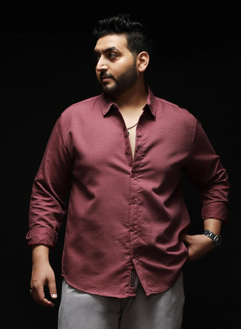 Instafab Plus Instafab Plus Men's Burgundy Red Indie-Motif Jacquard Shirt | Spread Collar , Long Cuffed Sleeves , Button Closure , Curved Hemline | Geometric Jacquard Cotton-Blend For Casual & Evening Wear