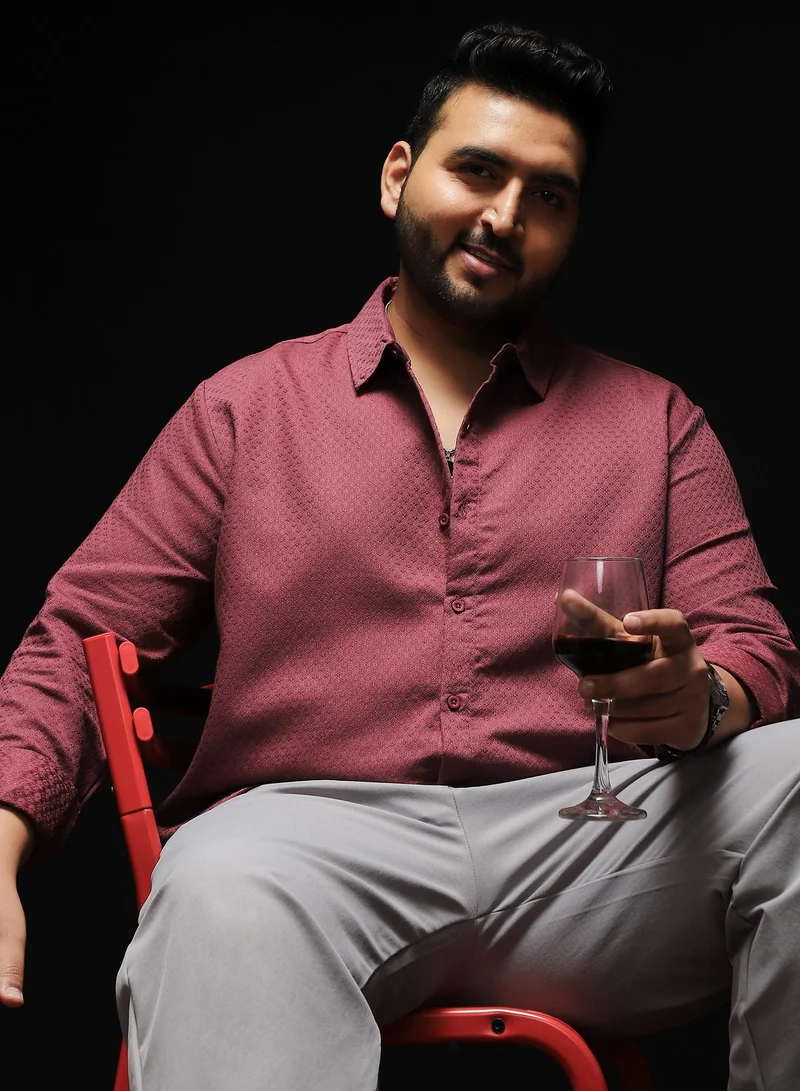 Instafab Plus Instafab Plus Men's Burgundy Red Indie-Motif Jacquard Shirt | Spread Collar , Long Cuffed Sleeves , Button Closure , Curved Hemline | Geometric Jacquard Cotton-Blend For Casual & Evening Wear