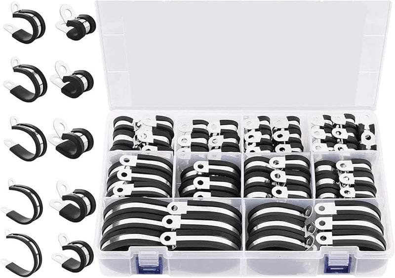 110 Pcs Rubber Cushioned Stainless Steel Hose Clamps Assortment for Automotive Wire Pipe - Image 1