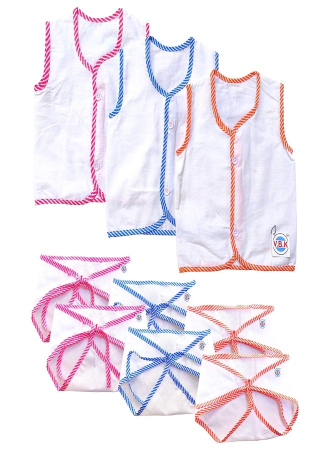 V.B.K Baby Boy and Baby Girl Combo Pack Of Jhabla (Pack Of 3) and Nappy (Cloth Diaper) (Langot) (Pack Of 6), Cotton Soft Fabric, 0-4 Months, Multicolor - Image 1