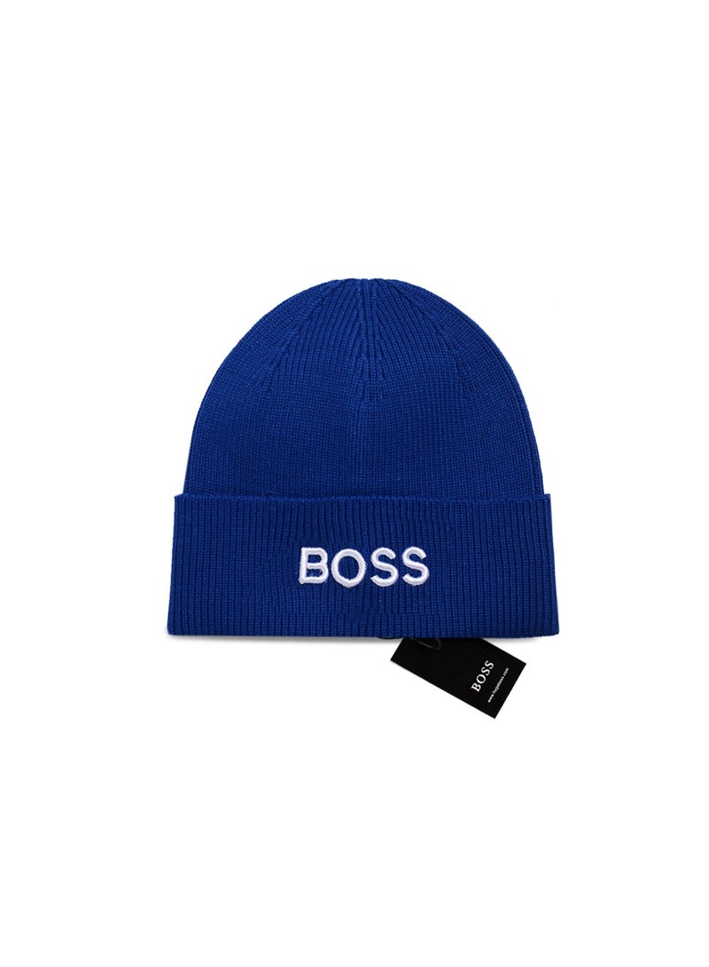BOSS Letter Embroidery Knit Beanie, Royal Blue Minimalist Warm Cuff Beanie