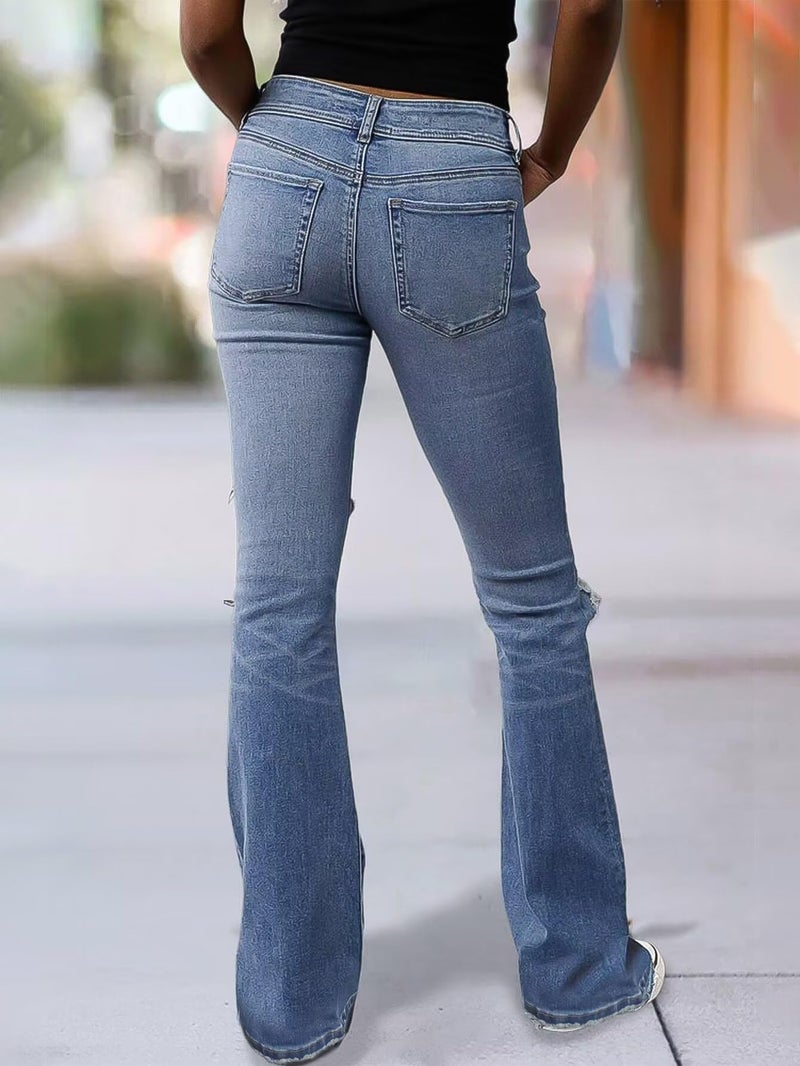 Flamingals Women's Bell Bottom Jeans Flared Ripped Stretchy Mid Rise Cut Out Distressed Denim Bootcut Jeans Mid Blue XL - Image 3