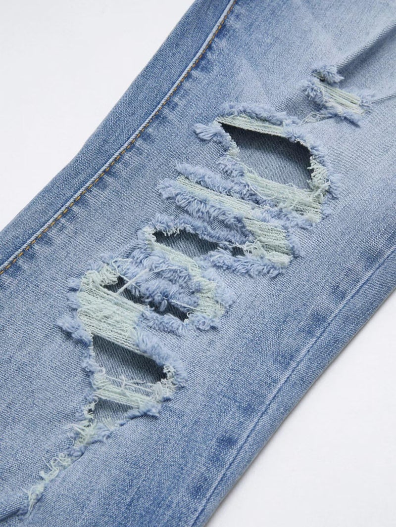 Flamingals Women's Bell Bottom Jeans Flared Ripped Stretchy Mid Rise Cut Out Distressed Denim Bootcut Jeans Mid Blue XL - Image 5