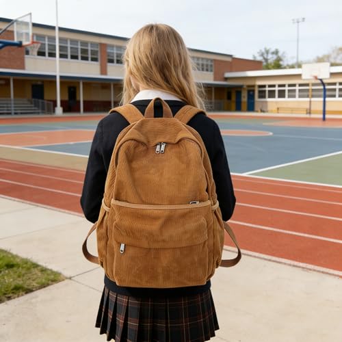 Lamprod Aesthetic Backpack Cute Backpack Corduroy Backpack School Supplies Laptop Bag for Teens Girls Women Students Solid ColorBrown - Image 3