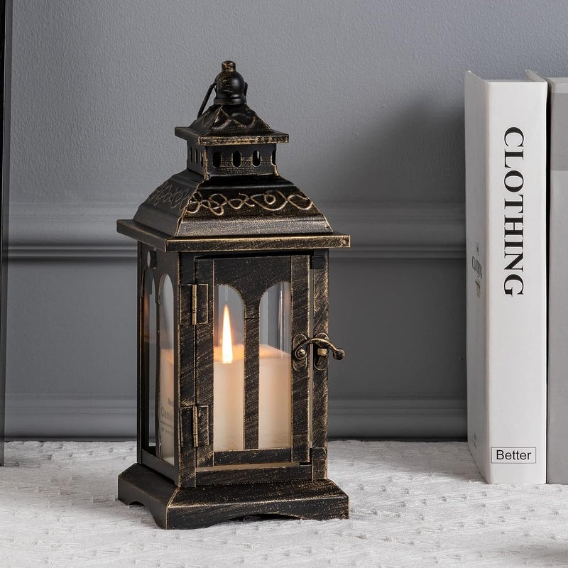 DECORKEY Candle Lantern Decorative Indoor & Outdoor, Christmas Vintage Metal Hanging Lanterns Decor for Front Porch Home Patio Wedding Party, Halloween Decorations (Black with Copper Brush) - Image 2