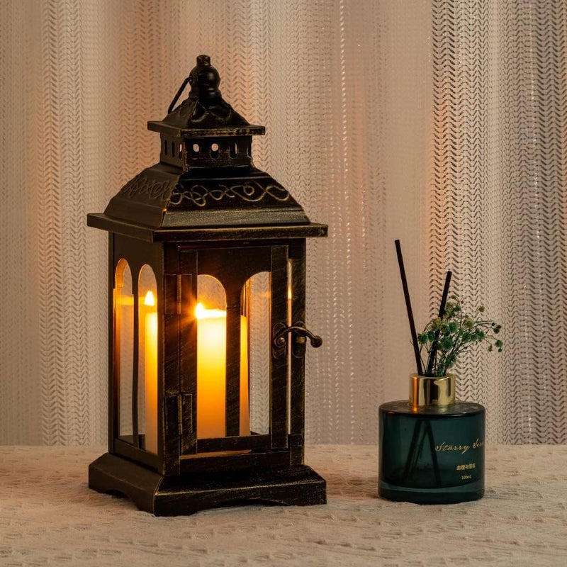 DECORKEY Candle Lantern Decorative Indoor & Outdoor, Christmas Vintage Metal Hanging Lanterns Decor for Front Porch Home Patio Wedding Party, Halloween Decorations (Black with Copper Brush) - Image 3