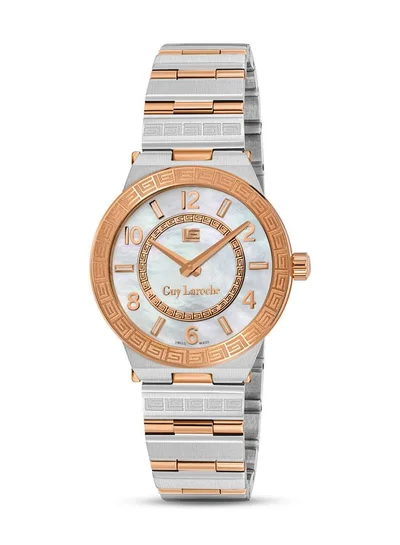 Guy Laroche Sacha 32mm Women's Swiss Quartz Watch with White Mother-of-Pearl Dial & Rose Gold-Plated Bracelet