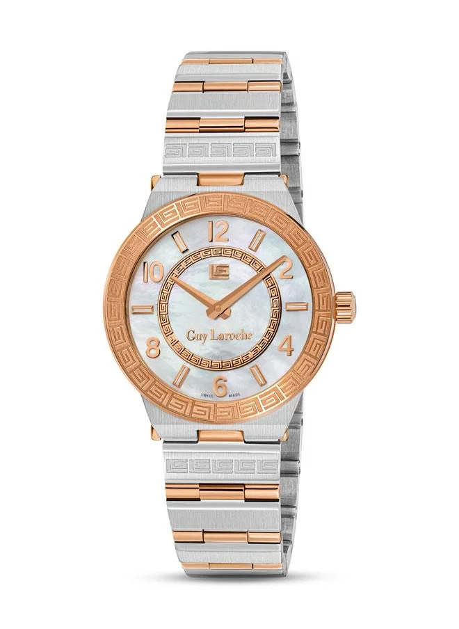 Guy Laroche Sacha 32mm Women's Swiss Quartz Watch with White Mother-of-Pearl Dial & Rose Gold-Plated Bracelet