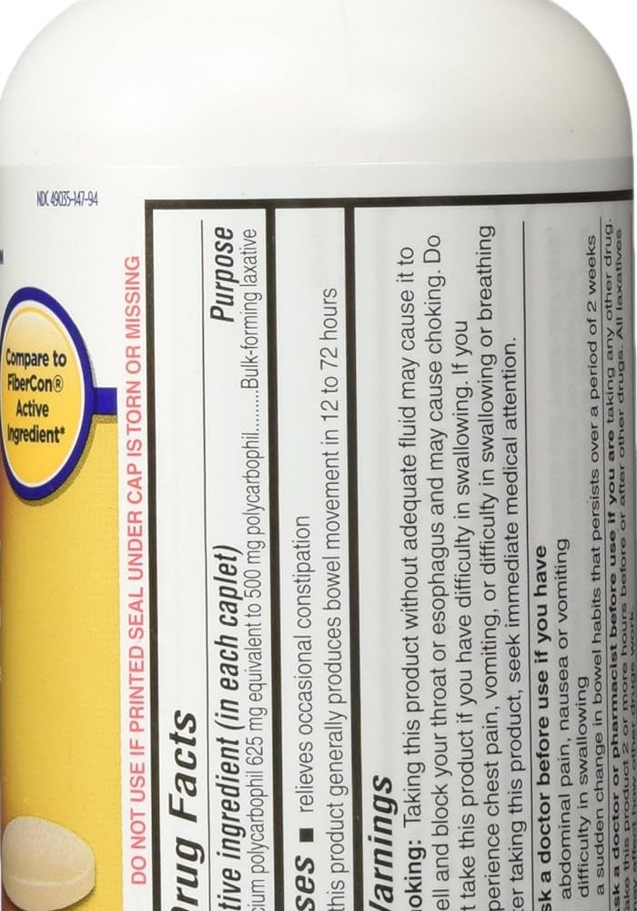 Equate Fiber Therapy Caplets for Regularity - 625 mg Calcium Polycarbophil, 140 Count - Image 2