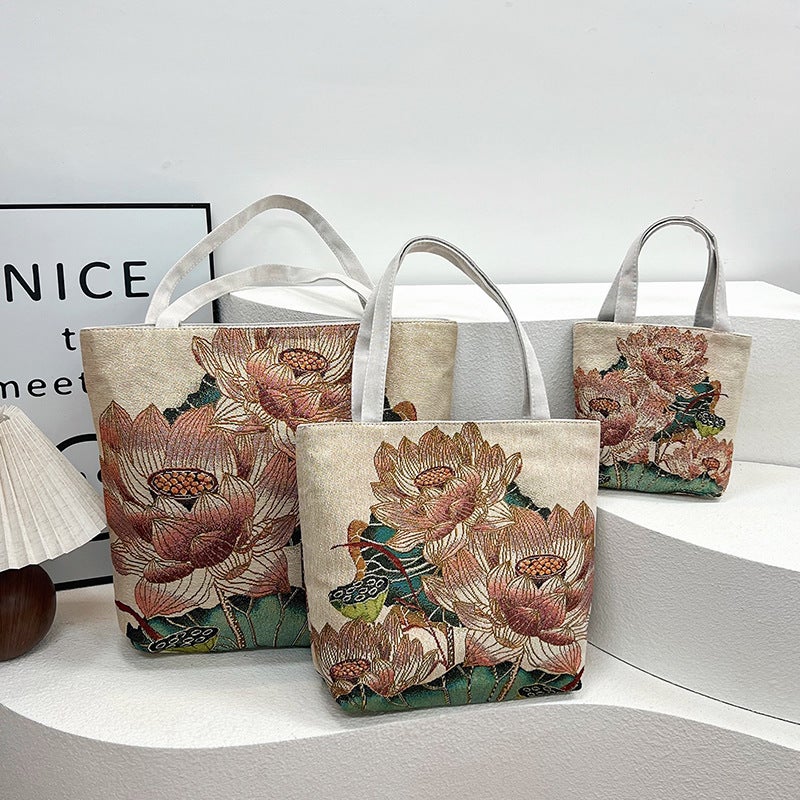 Double-Sided Gold Jacquard Embroidered Canvas Bag Large Capacity Mummy Bag Simple Artistic Shoulder Bag Ethnic Style Tote Bag - Image 4