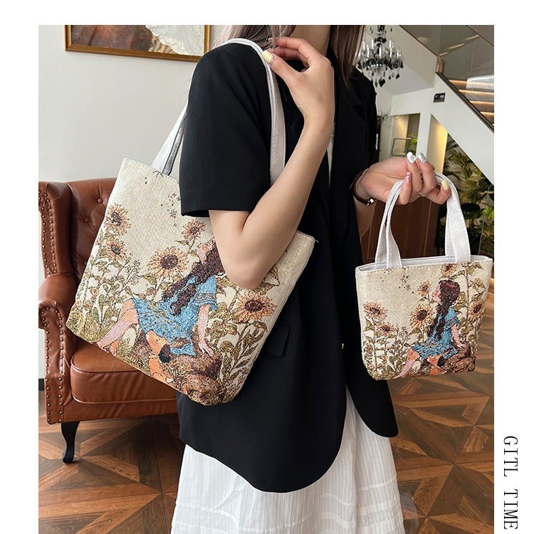Double-Sided Gold Jacquard Embroidered Canvas Bag Large Capacity Mummy Bag Simple Artistic Shoulder Bag Ethnic Style Tote Bag - Image 5