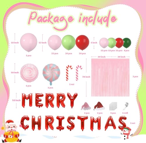 Janinus Pink Ugly Christmas Balloon Arch Kit for Eve Decor Baby Pink Red Fresh Green Balloon Garland With Candy Canes Sign Fringe Curtain Santa Hat Foil Balloons - Image 5