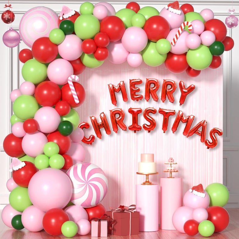 Janinus Pink Ugly Christmas Balloon Arch Kit for Eve Decor Baby Pink Red Fresh Green Balloon Garland With Candy Canes Sign Fringe Curtain Santa Hat Foil Balloons - Image 3