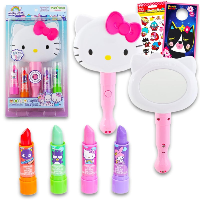 Hello Kitty مجموعة بلسم الشفاه هالو كيتي 4 عبوات مع مرآة مضيئة ملصقات والمزيد