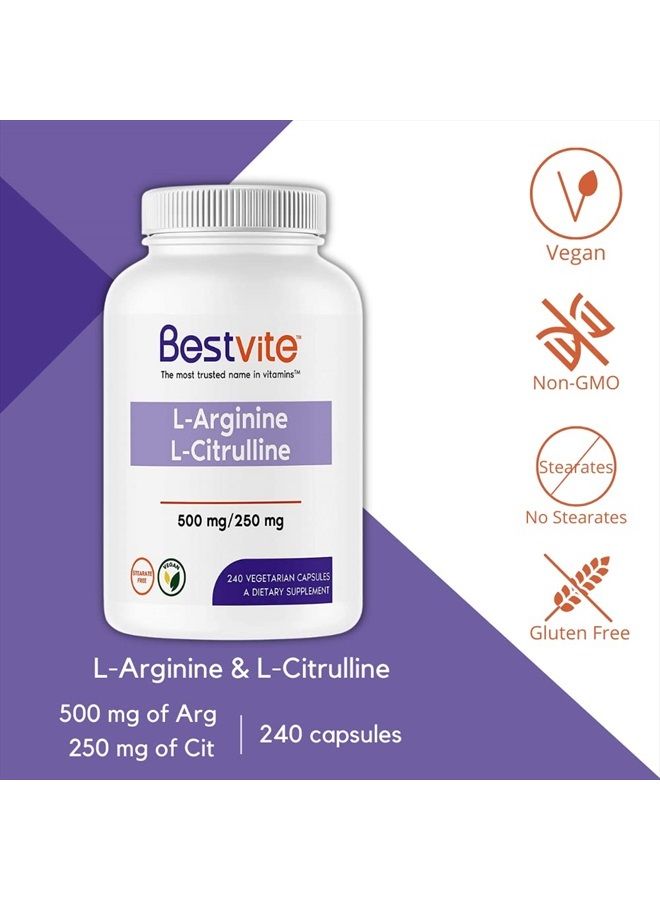 BESTVITE L-Arginine L-Citrulline 500mg / 250mg Vegan (240 Vegetarian Capsules) - No Stearates - No Dicalcium Phosphate - Non GMO - Gluten Free - Image 3