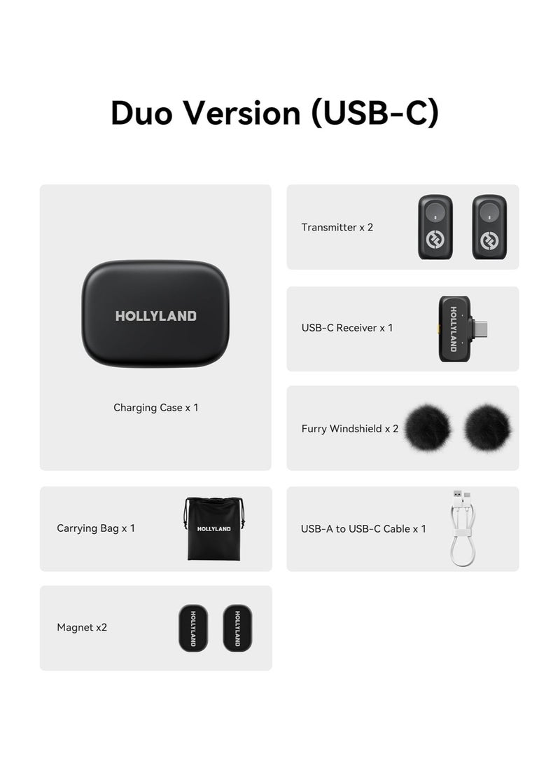 Hollyland LARK A1 Duo 2‑Person Wireless Microphone System with USB‑C Receiver – 48 kHz/24‑Bit, 120 dB SPL, Intelli‑Noise Cancellation, EQ & Reverb, Charging Case