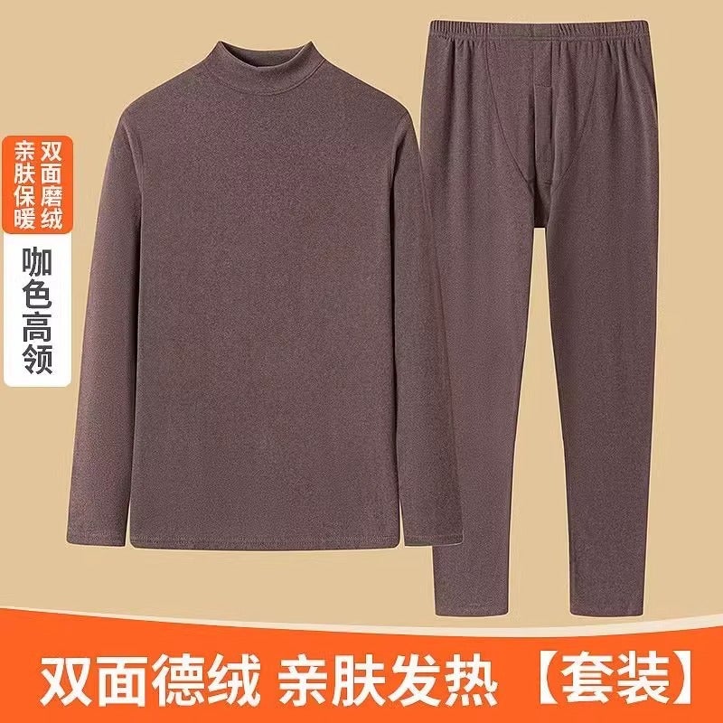2024 velvet thermal underwear mens suit de Velvet half turtleneck heating thickened youth autumn clothes autumn and winter pants pajamas Green - Image 2