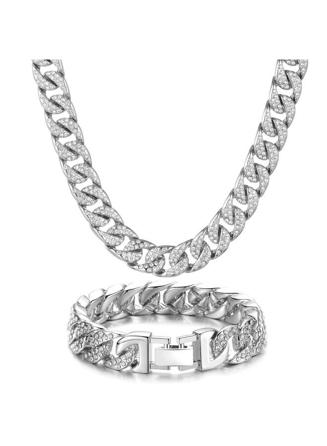 Saintda Cuban Link Chain For Men Necklace Bracelet Jewelry Set Silver Fake Diamond Iced Out Mens Bling Thick Necklaces choker Chains (Silver-14mm,18inch), 18inch, Zinc, Cubic Zirconia - Image 1
