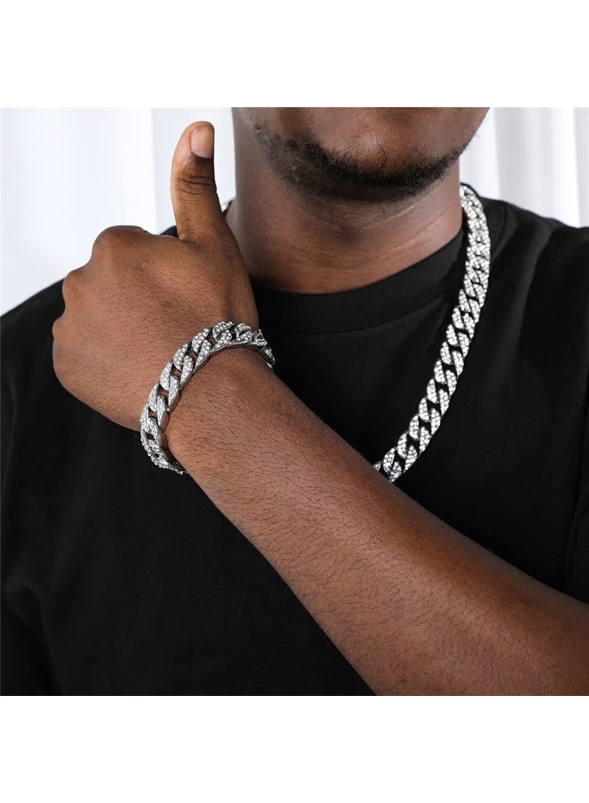 Saintda Cuban Link Chain For Men Necklace Bracelet Jewelry Set Silver Fake Diamond Iced Out Mens Bling Thick Necklaces choker Chains (Silver-14mm,18inch), 18inch, Zinc, Cubic Zirconia - Image 2