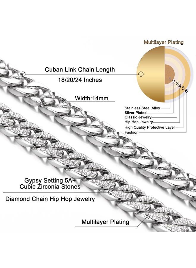 Saintda Cuban Link Chain For Men Necklace Bracelet Jewelry Set Silver Fake Diamond Iced Out Mens Bling Thick Necklaces choker Chains (Silver-14mm,18inch), 18inch, Zinc, Cubic Zirconia - Image 3