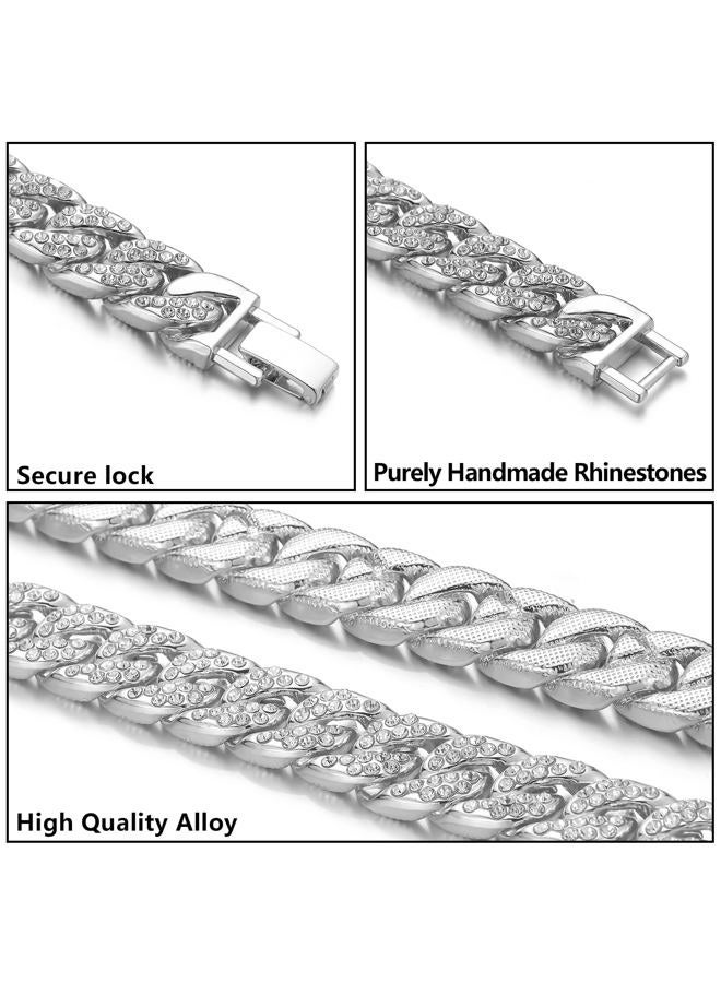 Saintda Cuban Link Chain For Men Necklace Bracelet Jewelry Set Silver Fake Diamond Iced Out Mens Bling Thick Necklaces choker Chains (Silver-14mm,18inch), 18inch, Zinc, Cubic Zirconia - Image 4
