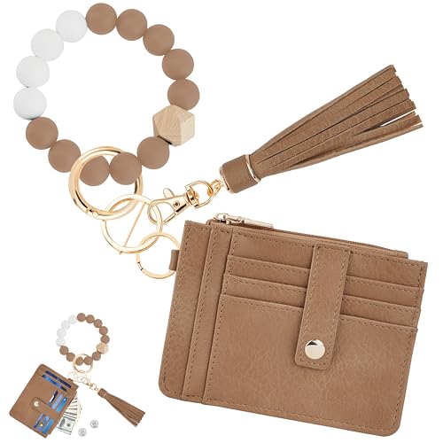 KNGITRYI Wallet Keychain Wristlet for Women,Slim RFID Credit Card Holder Purse Tassel Keychain Bangle Key Ring for Men Women(Camel) - Image 1