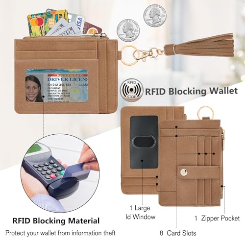 KNGITRYI Wallet Keychain Wristlet for Women,Slim RFID Credit Card Holder Purse Tassel Keychain Bangle Key Ring for Men Women(Camel) - Image 3