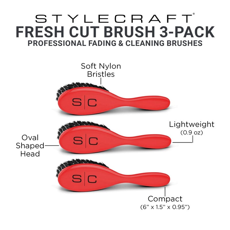 StyleCraft The Fresh Cut Professional Fade and Cleaning Barber Hair Brush with Soft Nylon Bristles Set of 3, Red - Image 2