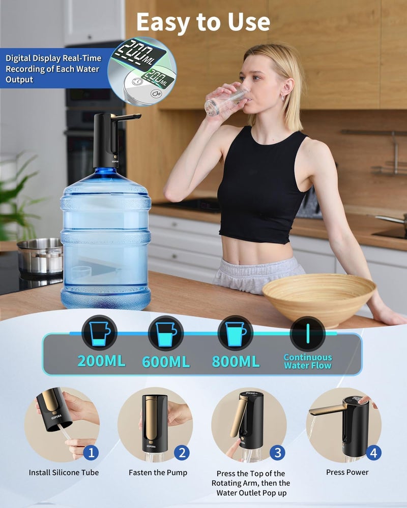 Eopora Automatic Water Dispenser Pump for 20 Litre Bottle, 1200Mah Battery USB Rechargeable Electric Foldable Water Can Dispenser for Home Office, Black - Image 2