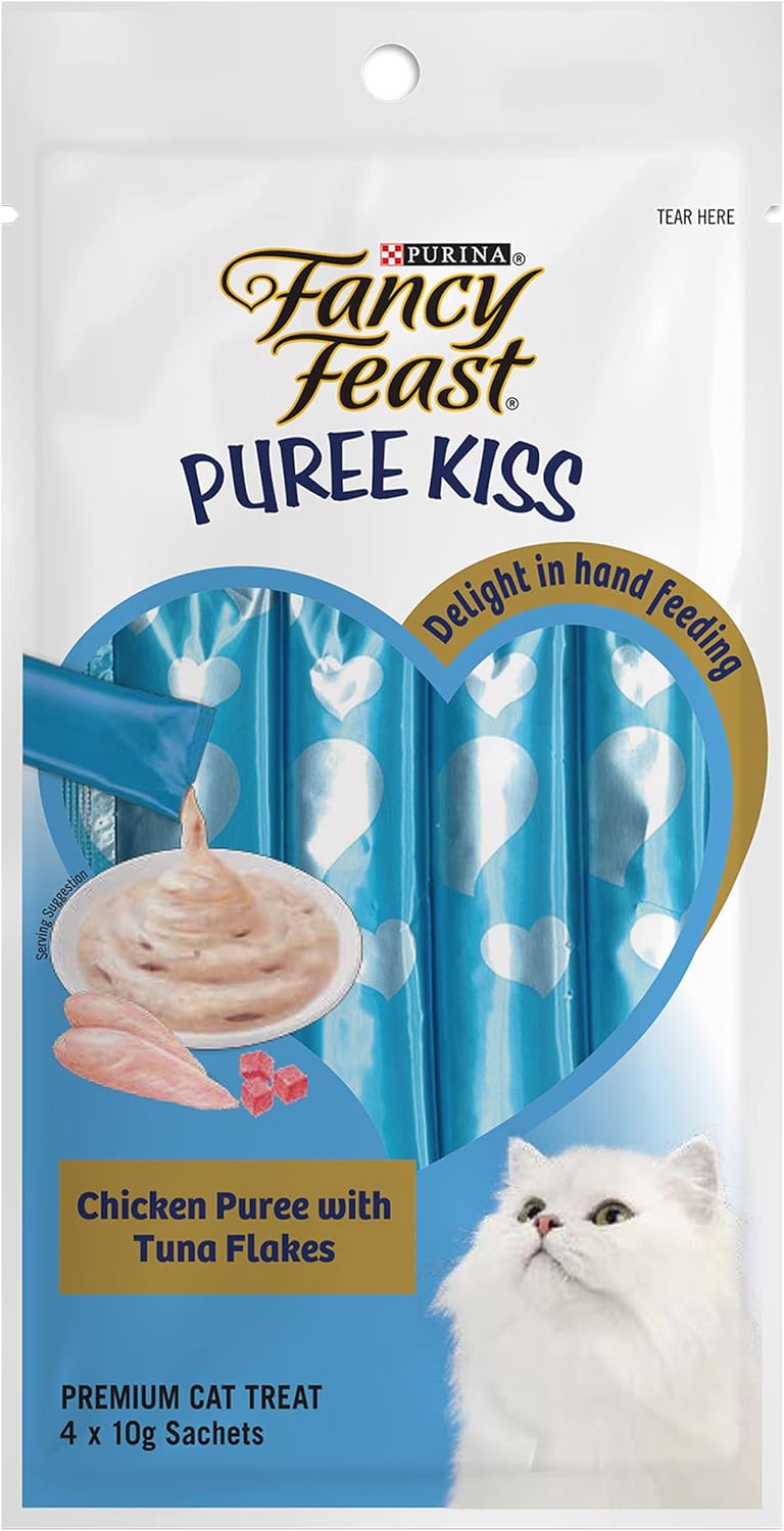 Fancy Feast Puree Kiss Chicken with Tuna Flakes Cat Food, Pack of 4, 40 grams - Image 1