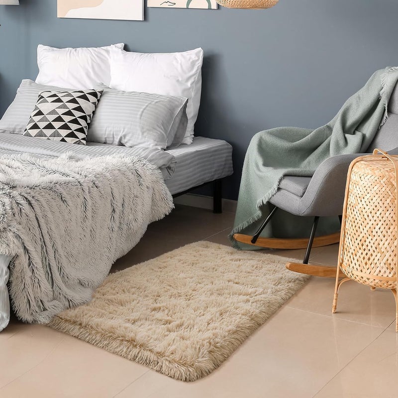 HOMORE Small Rugs for Bedroom 2x3 Feet Beige Rug for Bedroom Bedside Soft Fluffy Area Rugs for Desk Indoor Entrance Door Mat, Small Runner Rugs and Carpets for Dorm Nursery, Light Tan - Image 2