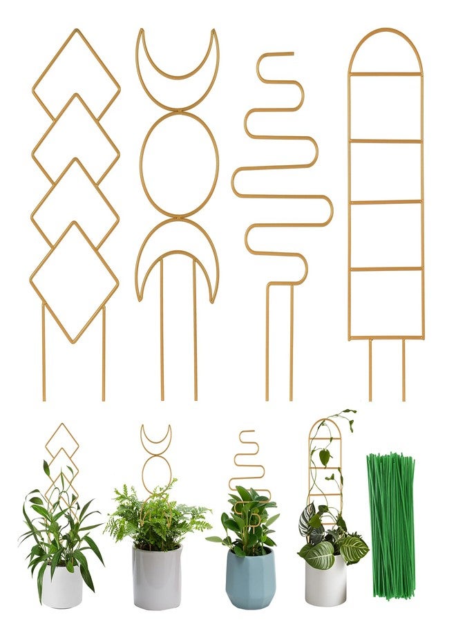 Wellsign Indoor Plant Trellis for Potted Plants, 16inch Gold Small Trellis for Climbing Plants Outdoor Garden Metal Trellis with Different Patterns for Vine Ivy Flower Plant Support 4 Pack - Image 1