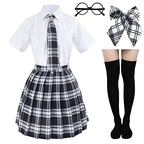 Elibelle Japanese tartan pleated school uniform cosplay costumes with socks eyeglass frame set (Black)(M = Asia L)(SSF10) - Image 1