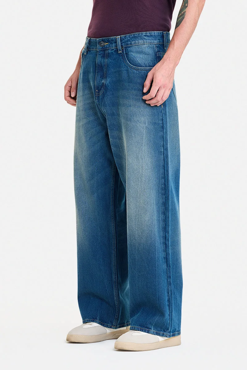 SNITCH Blue Blue Solid Wide Leg Streetwear Jeans for Men | Best Price UAE