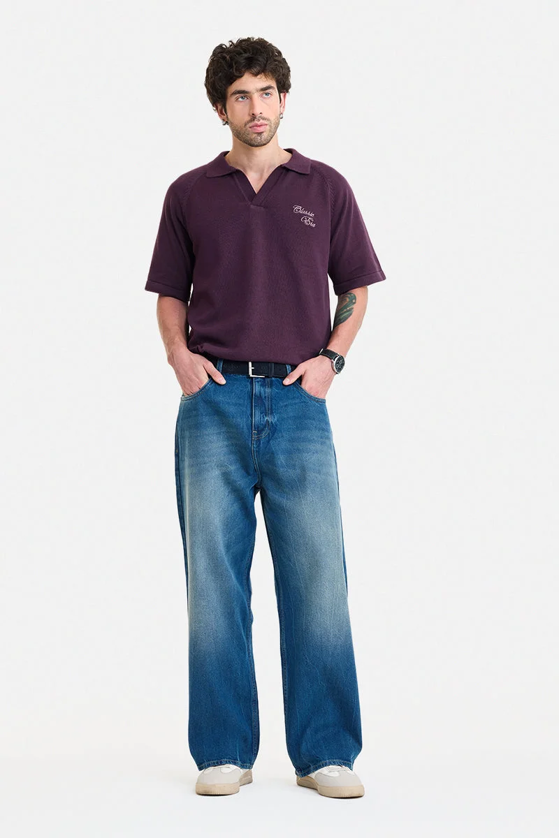 سنيتش Blue Solid Wide Leg Streetwear Jeans