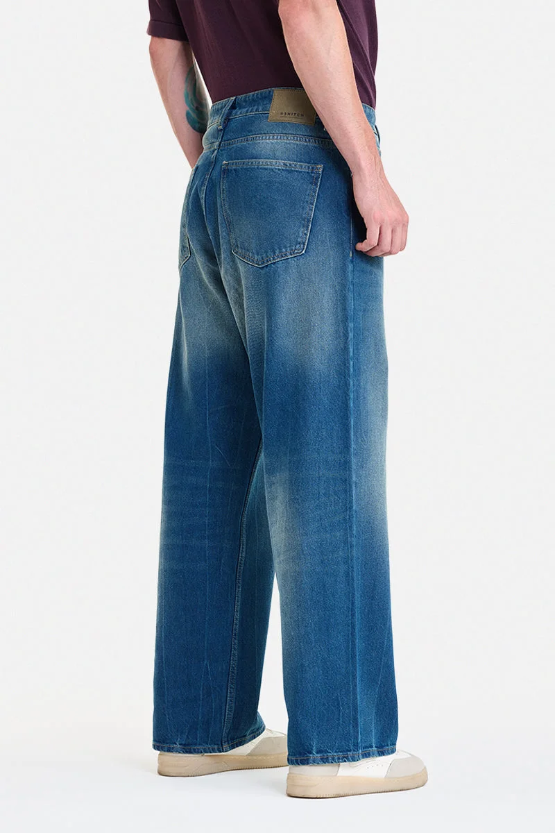 SNITCH Blue Blue Solid Wide Leg Streetwear Jeans for Men | Best Price UAE