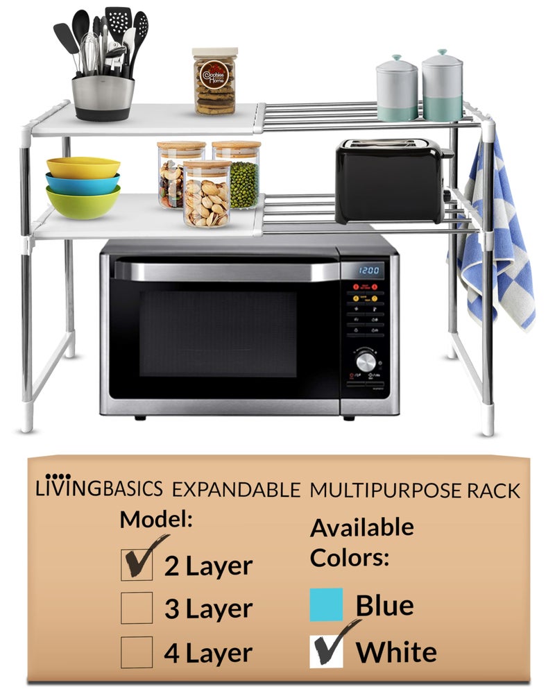 LIVINGBASICS 2 Layer Stainless Steel Multipurpose Expandable/Adjustable Shelf Stand for Wardrobe Organizer for Clothes/Kitchen Storage/Over The Microwave/OTG/Shoes Rack/Office (Snow White) - Image 1