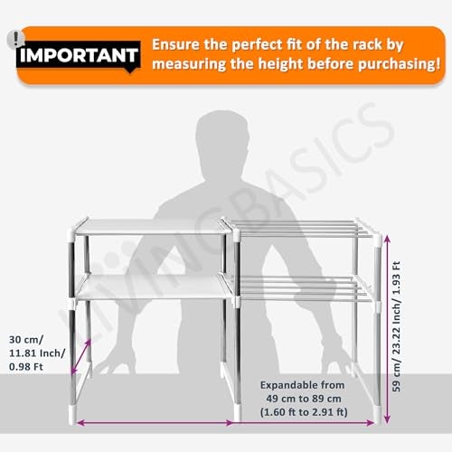 LIVINGBASICS 2 Layer Stainless Steel Multipurpose Expandable/Adjustable Shelf Stand for Wardrobe Organizer for Clothes/Kitchen Storage/Over The Microwave/OTG/Shoes Rack/Office (Snow White) - Image 2