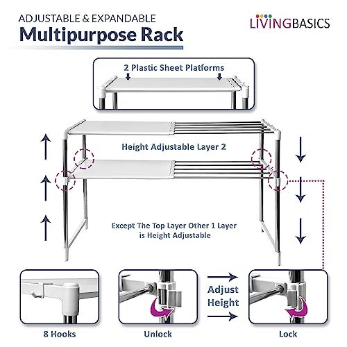 LIVINGBASICS 2 Layer Stainless Steel Multipurpose Expandable/Adjustable Shelf Stand for Wardrobe Organizer for Clothes/Kitchen Storage/Over The Microwave/OTG/Shoes Rack/Office (Snow White) - Image 4
