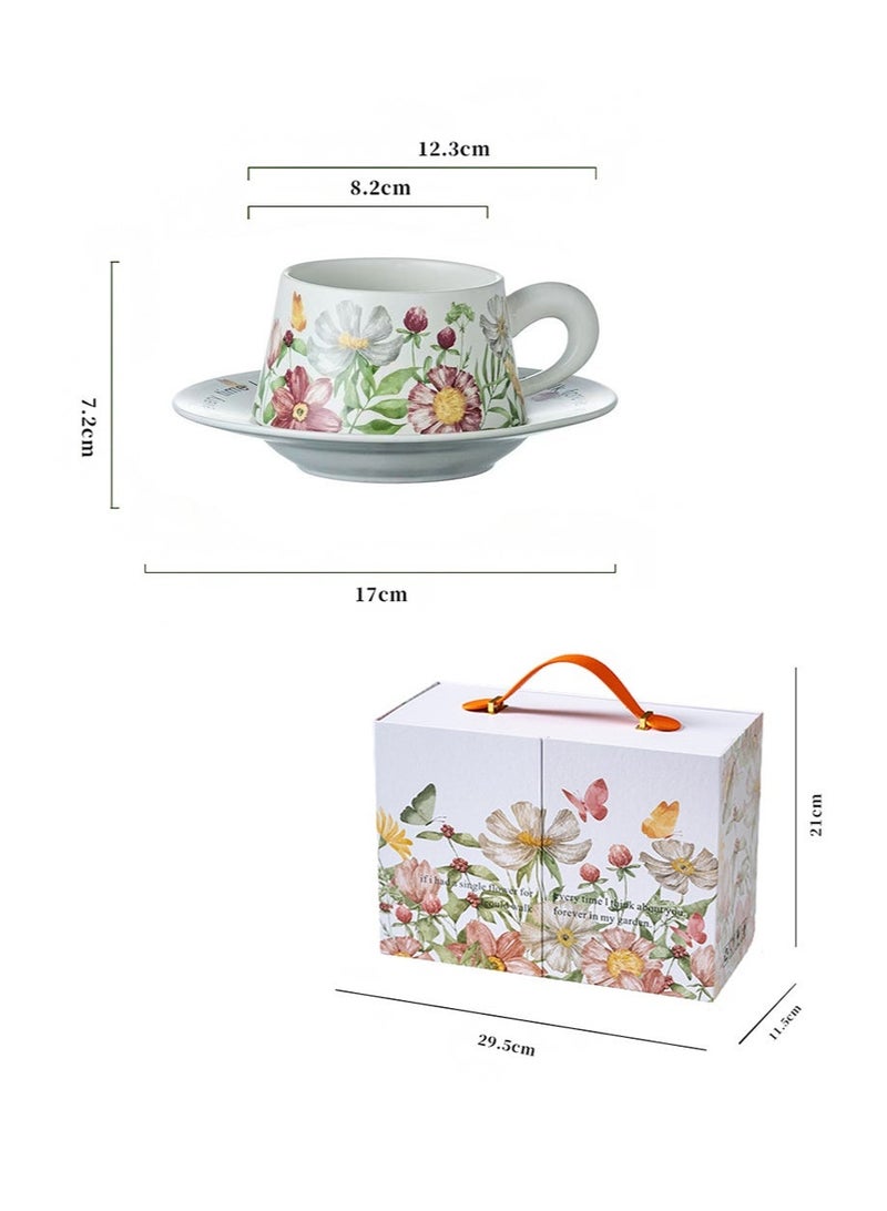 Aikanbo 2pcs Ceramic Coffee Cup and Saucer Gift Box Set，Vintage Floral Design，Perfect for Espresso，Tea or Coffee Lovers， Gift Boxed for Home，Office or Special Occasion (Sunflower + Sunflower) - Image 2