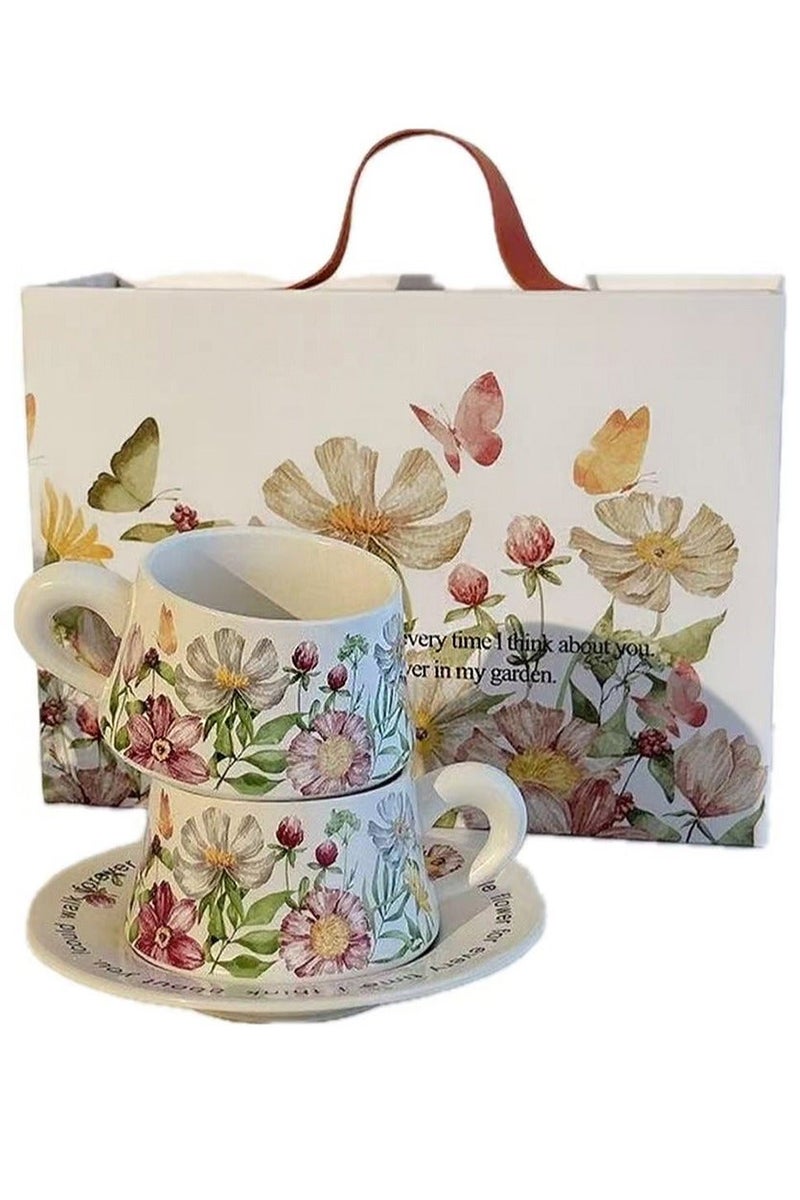 Aikanbo 2pcs Ceramic Coffee Cup and Saucer Gift Box Set，Vintage Floral Design，Perfect for Espresso，Tea or Coffee Lovers， Gift Boxed for Home，Office or Special Occasion (Sunflower + Sunflower) - Image 1