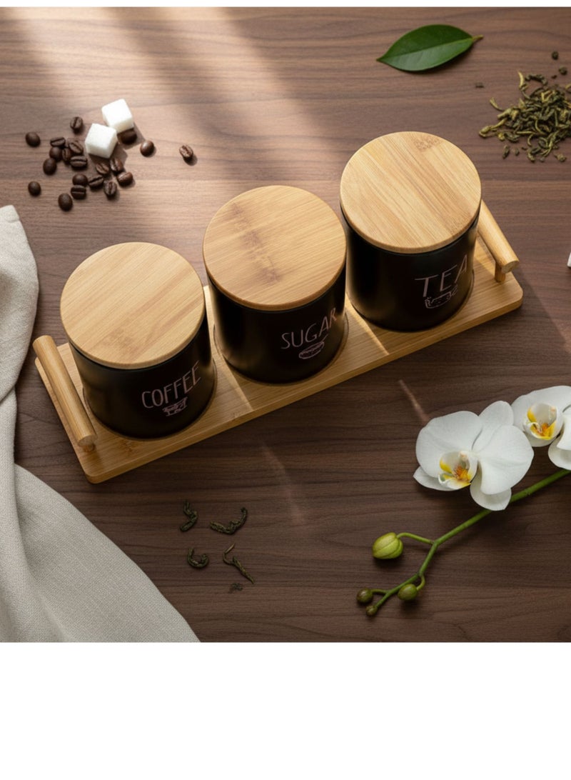 كذا هوم طقم برطمانات مطبخ بورسالين 3 قطع – قهوة وسكر وشاي بأغطية وقاعدة من الخشب البامبو، منظم عصري للسطح - Image 4