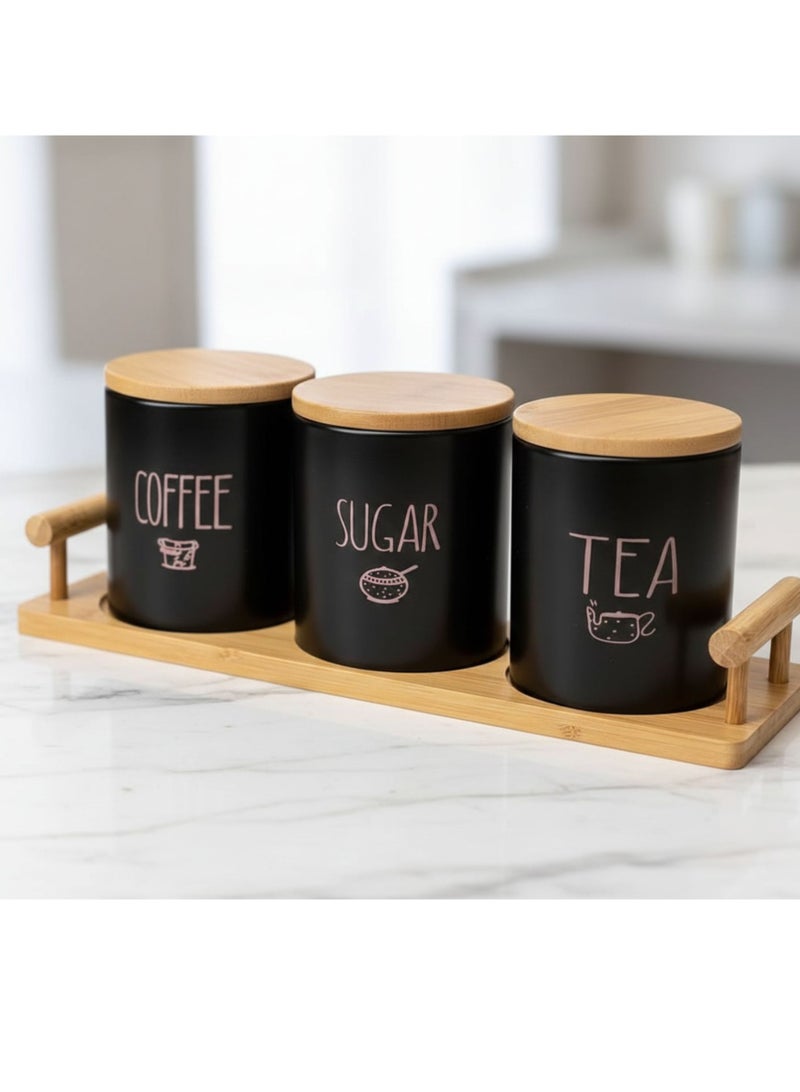 كذا هوم طقم برطمانات مطبخ بورسالين 3 قطع – قهوة وسكر وشاي بأغطية وقاعدة من الخشب البامبو، منظم عصري للسطح - Image 3
